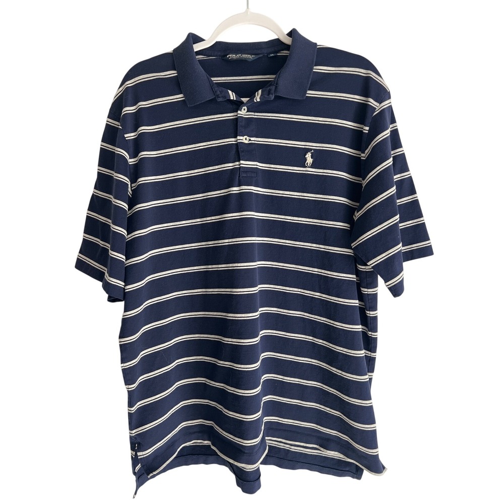 Polo Golf Ralph Lauren Mens XL Pima Cotton Striped Polo Shirt Navy Blue White